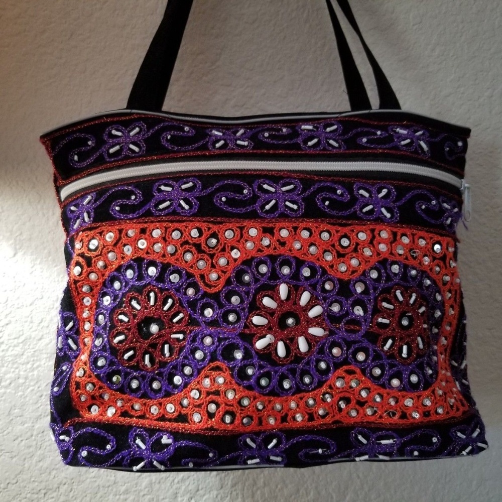 Beaded Embroider Sequin Purse Velvet Purple Orange